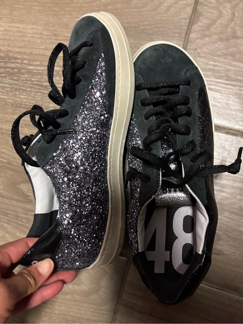 P448 Black Glitter Lace-Up Sneakers